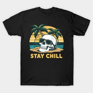 Stay Chill Retro Sunglasses Sunset Skull Design T-Shirt